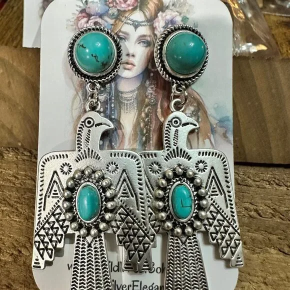 Thunderbird Turquoise 2.5 Inch Long Post Earrings in Antique Silver Finish - Picture 2 of 8